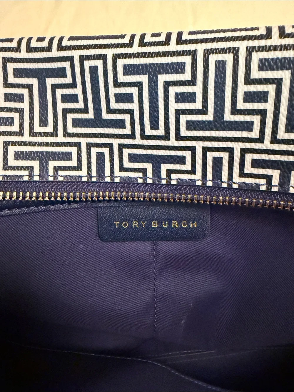 Tory Burch Navy and White Logo-Print Tote